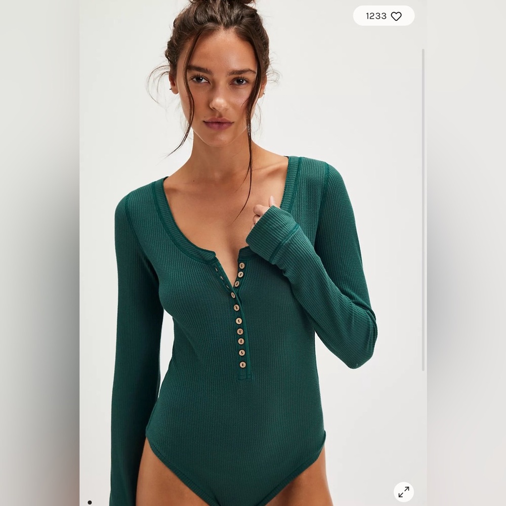 Free People Intimately Carly Thermal Bodysuit Green Henley Waffle Size Large